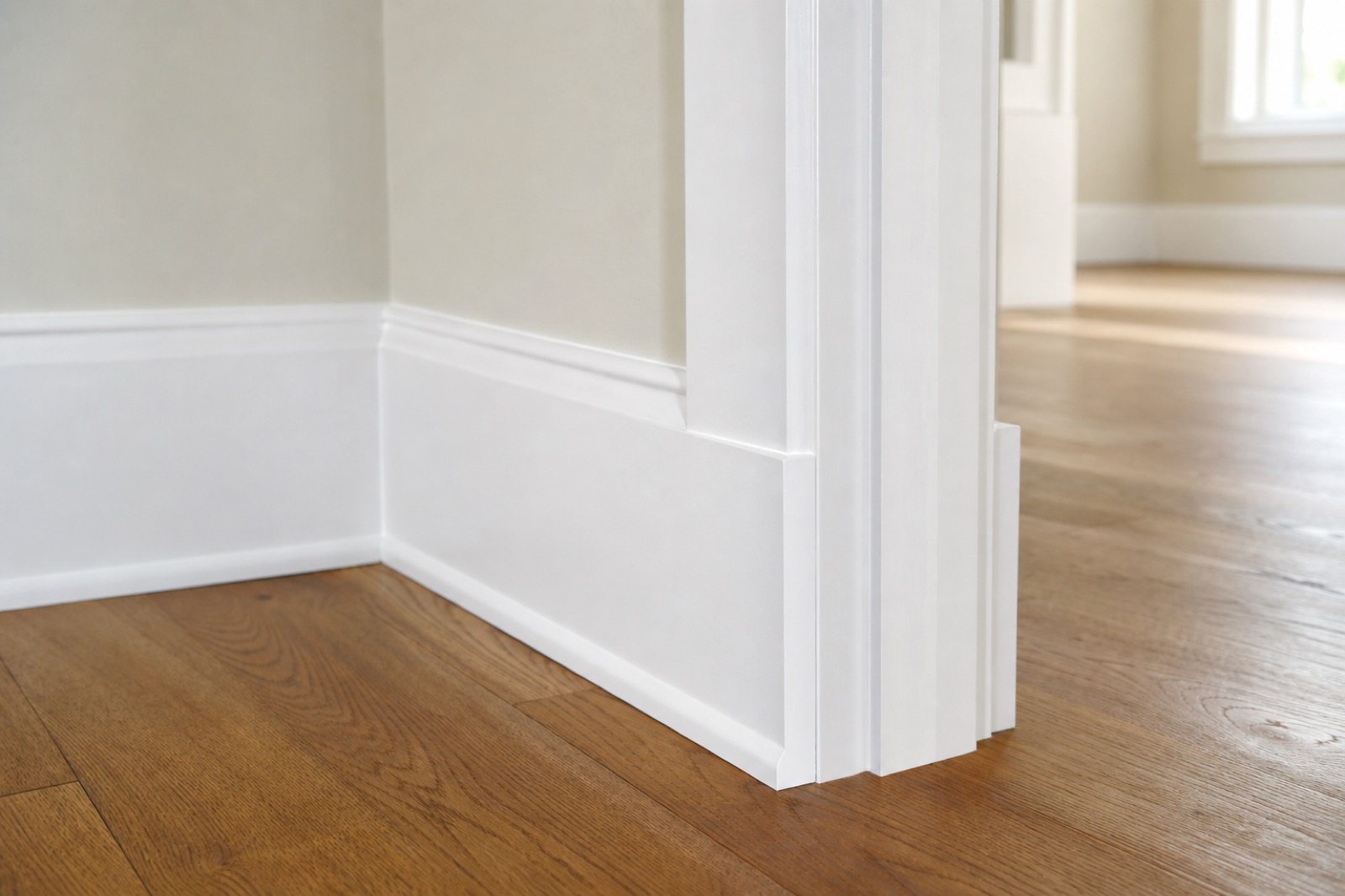 Freshly installed white baseboards and door casing trim