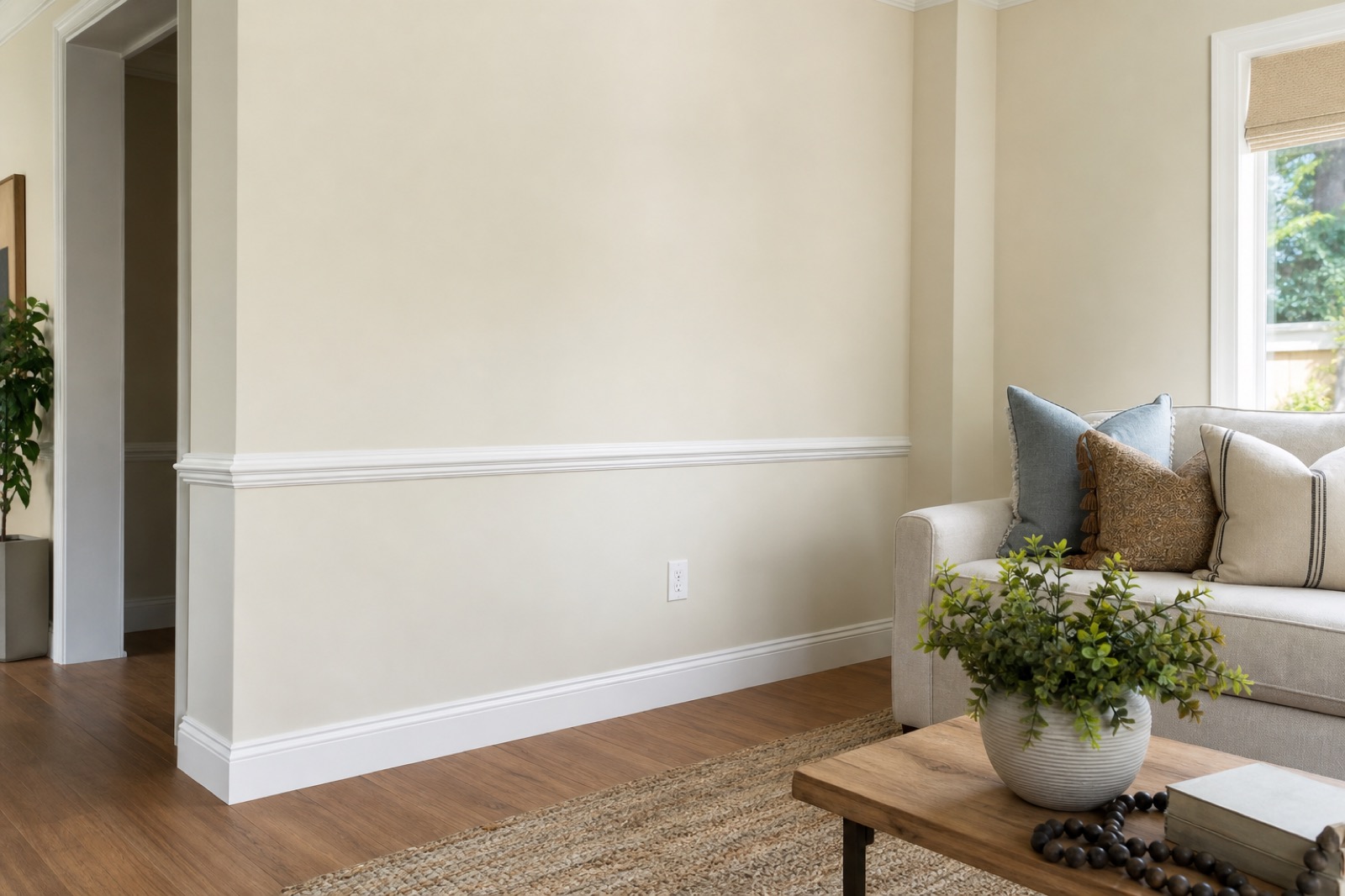Living room corner with new white baseboard and chair rail trim